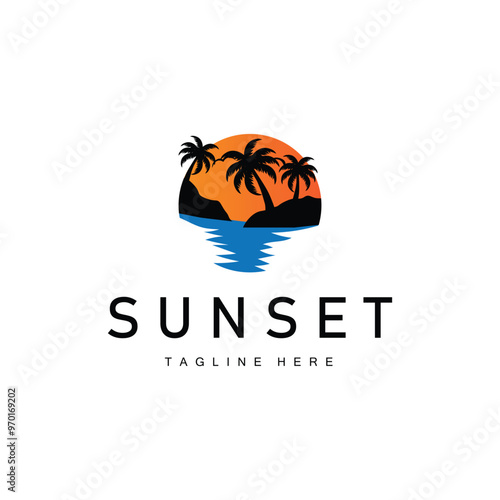 Sunset Sea View Beach Logo Design Summer Vacation Place