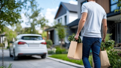 A man is captured from the back walking down a driveway carrying grocery bags in both hands, heading towards a modern suburban house with lush greenery around.