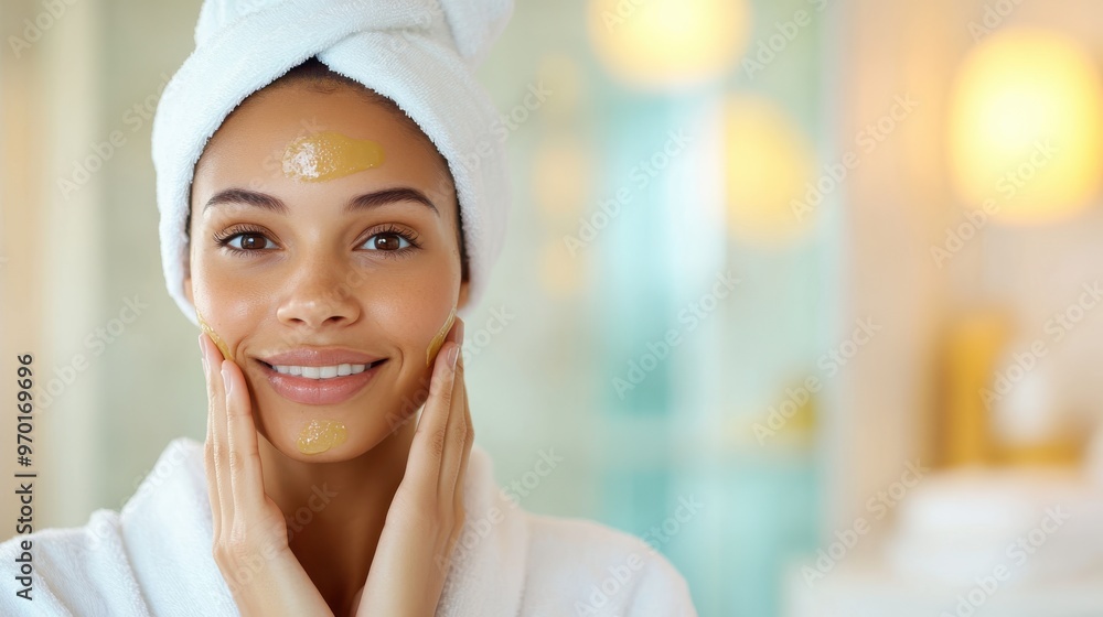 Young woman with towel on her head applies a facial mask, enjoying a serene and luxurious home spa experience, emphasizing self-care and relaxation. Young woman with towel on her head applies a facial mask, enjoying a serene and luxurious home spa experience, emphasizing self-care and relaxation.