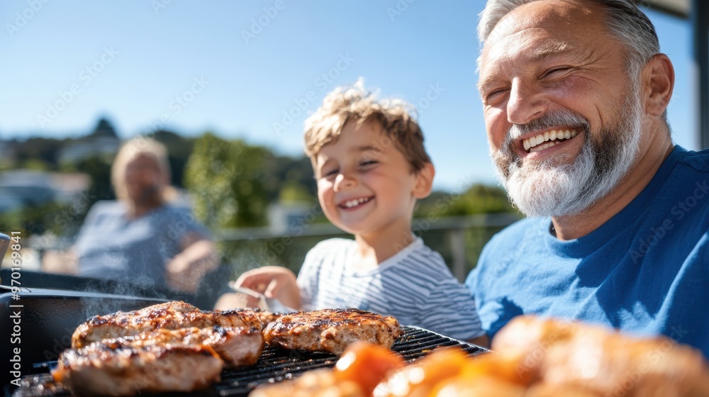 An elderly man and a young child enjoy a sunny day grilling meat outdoors, both smiling and sharing a joyful moment together in a backyard setting. An elderly man and a young child enjoy a sunny day grilling meat outdoors, both smiling and sharing a joyful moment together in a backyard setting.
