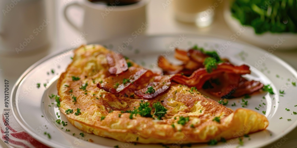 Breakfast of coffee and bacon and cheese omelette served on a white table Breakfast of coffee and bacon and cheese omelette served on a white table