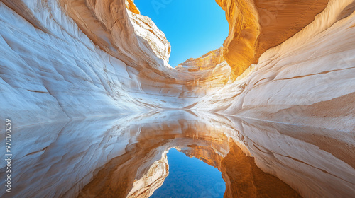 Serene Hidden Canyon with Crystal-Clear Water Flowing Between Smooth Ivory Rock Formations and Reflecting Blue Sky
