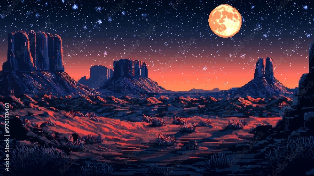 Fototapeta premium Pixelated Desert Landscape with Full Moon and Stars