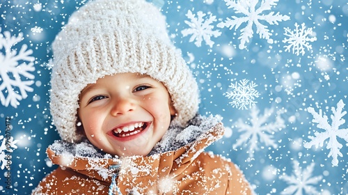 A young child in a winter hat and jacket smiles brightly as snowflakes fall around them.