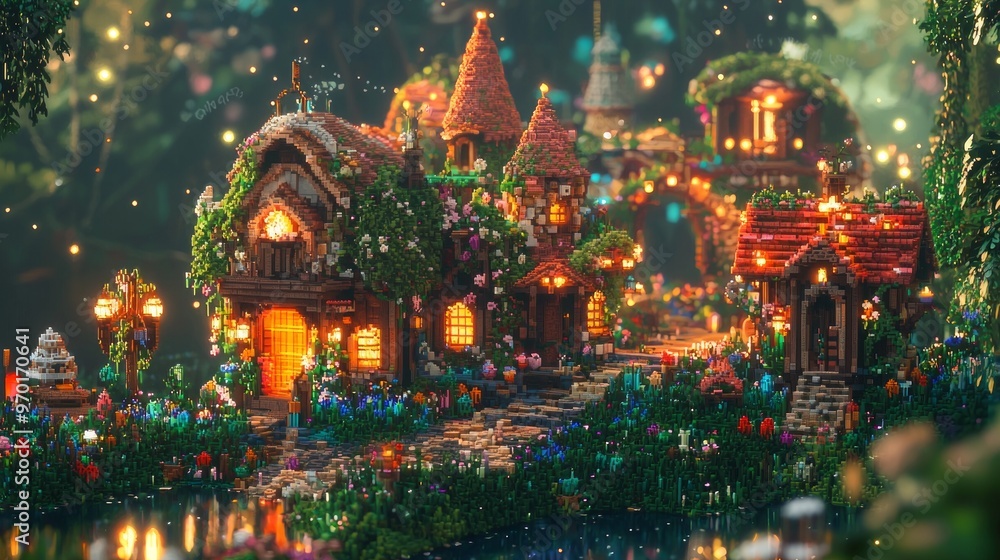 Obraz premium Magical Forest Village at Night with Fairy Lights and Glow