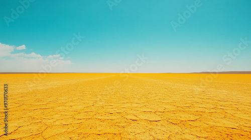 Vast Golden Sulfur Plain with Vibrant Cyan Sky, Low-Angle Wide Shot Capturing Striking Color Contrast and Smooth Crystals, Surreal Natural Landscape photo