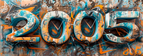 A colorful mural displays the number 2005 on a weathered wall, blending vibrant hues and artistic elements that reflect urban culture and creativity