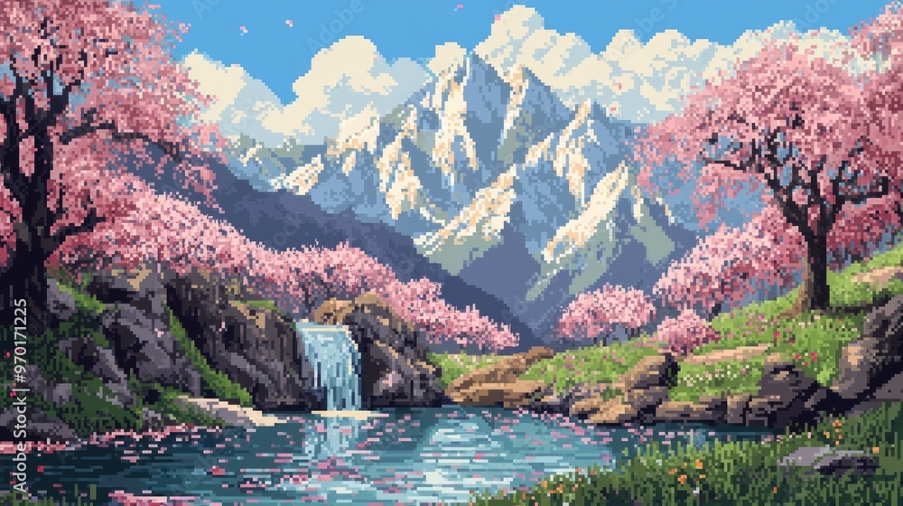 Naklejka premium Pixel Art Waterfall Mountains with Cherry Blossoms