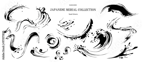 筆, 波, 和柄, 和, 筆書き, ベクター, フレーム, 背景, 年賀状, 水墨, 線画, 大波, 荒波, 流水, ビジネス, セット, イラスト