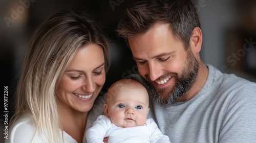 A happy family moment capturing parents holding their smiling baby, showcasing love and joy in a warm and cozy indoor setting.