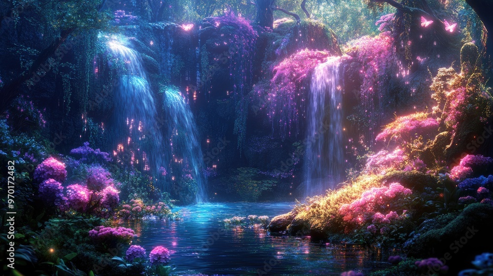 Obraz premium Colorful fairy land scene with glowing trees, magical waterfalls, and enchanted flowers, set in a realistic, dreamlike background