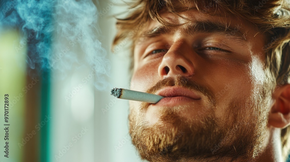 Obraz premium A close-up image of a man smoking a cigarette indoors, focusing on his face and the cigarette while capturing the atmosphere of contemplation or relaxation.