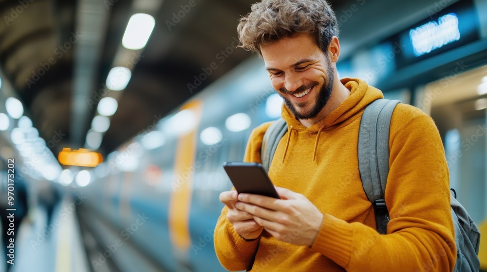 A young man with a rugged beard and yellow hoodie joyfully checks his phone while waiting on the subway platform, capturing a moment of happiness and connectivity in a bustling setting. A young man with a rugged beard and yellow hoodie joyfully checks his phone while waiting on the subway platform, capturing a moment of happiness and connectivity in a bustling setting.