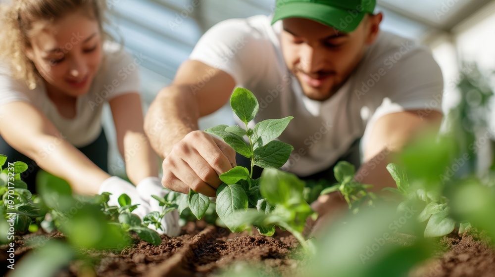 Two individuals are seen carefully tending to young plants in a greenhouse, suggesting an involvement in gardening or farming, with sunlight filtering through the greenhouse structure. Two individuals are seen carefully tending to young plants in a greenhouse, suggesting an involvement in gardening or farming, with sunlight filtering through the greenhouse structure.