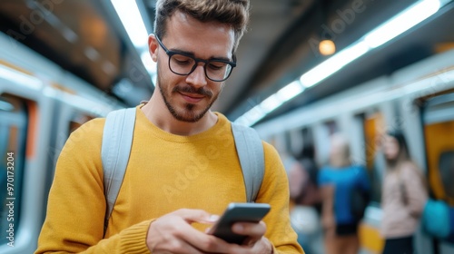 A young man with glasses and a backpack is focused on his phone while standing on a subway platform, with an out-of-focus train and other passengers in the background. photo