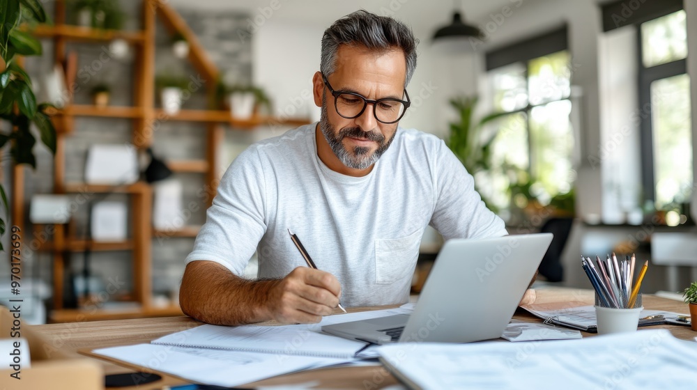 A man wearing glasses, focusing deeply on his work, writes on paper while using a laptop in a home office surrounded by plants and natural light. A man wearing glasses, focusing deeply on his work, writes on paper while using a laptop in a home office surrounded by plants and natural light.