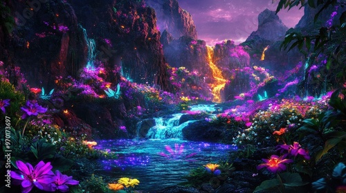 Fairy land landscape with glowing flowers, colorful rivers, and enchanted mountains, set in a lush, realistic background