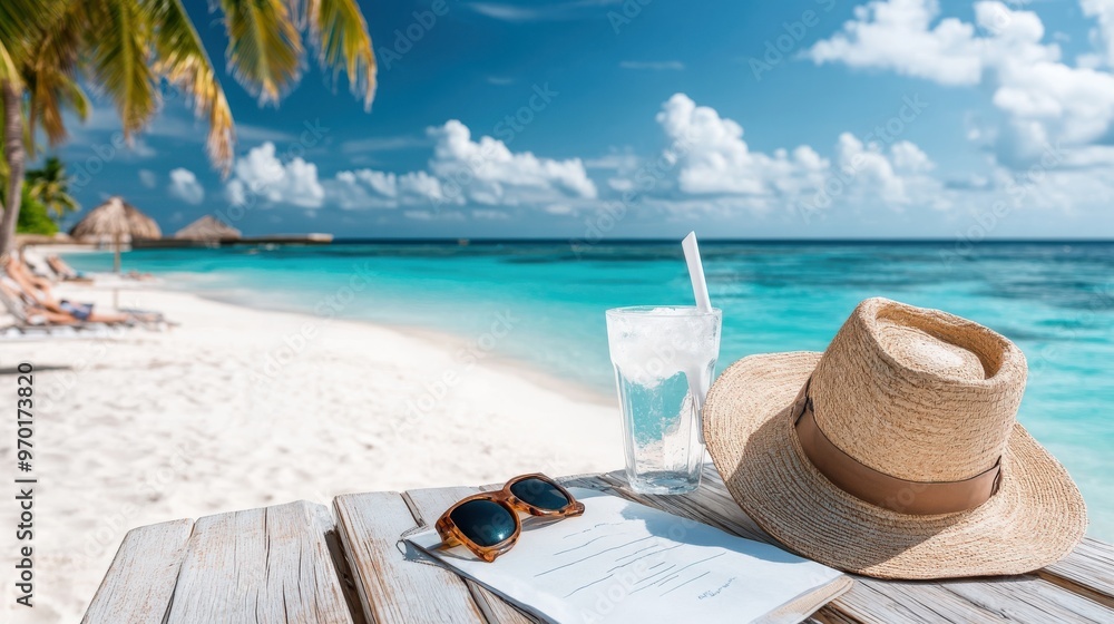 A relaxing beach scene with a straw hat, sunglasses, a cool beverage with a straw, and a piece of paper placed on a white wooden table with a sandy beach and ocean in the background. A relaxing beach scene with a straw hat, sunglasses, a cool beverage with a straw, and a piece of paper placed on a white wooden table with a sandy beach and ocean in the background.