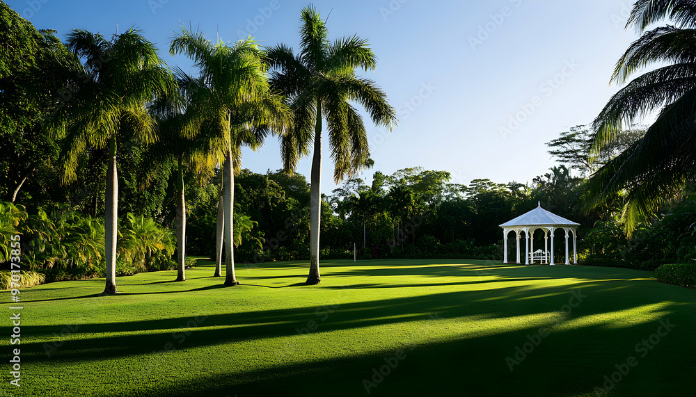 A white gazebo surrounded by palm trees and lush greenery on a tropical island. A white gazebo surrounded by palm trees and lush greenery on a tropical island.