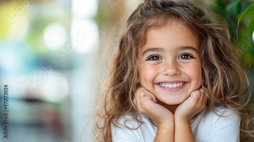 A young girl with beautiful curly hair and bright eyes smiling genuinely while resting her face on her hands in a close-up portrait under soft and natural lighting, expressing pure joy.