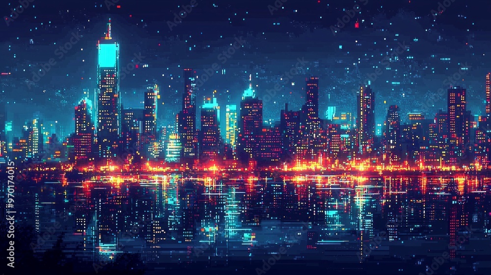 Futuristic Cityscape Night Lights Reflection Digital Art Futuristic Cityscape Night Lights Reflection Digital Art