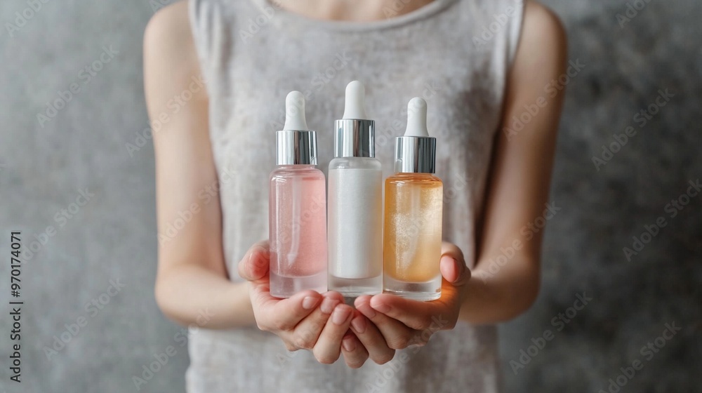 Hands gently cradle three glass dropper bottles filled with colorful serums - pink, clear, and golden - showcasing a collection of skincare essentials. Hands gently cradle three glass dropper bottles filled with colorful serums - pink, clear, and golden - showcasing a collection of skincare essentials.