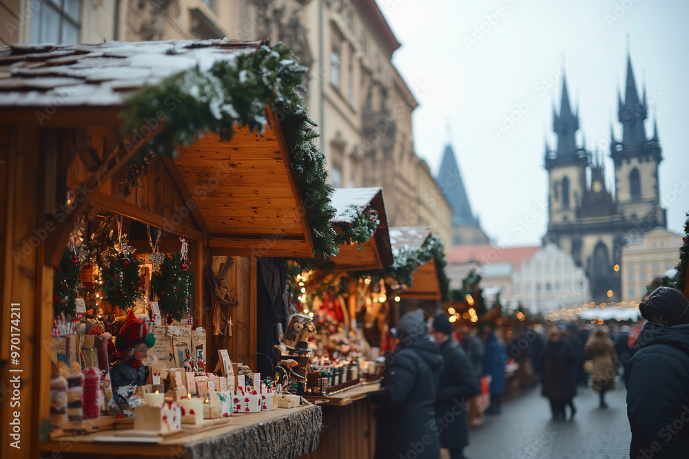 Obraz premium Strolling through the festive holiday market, adorned with lights and decorations