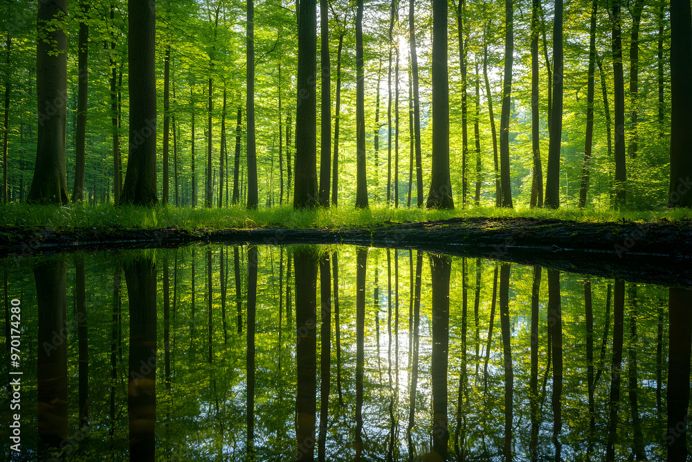 A tranquil forest pond with a perfect reflection of the surrounding trees and green canopy. A tranquil forest pond with a perfect reflection of the surrounding trees and green canopy.