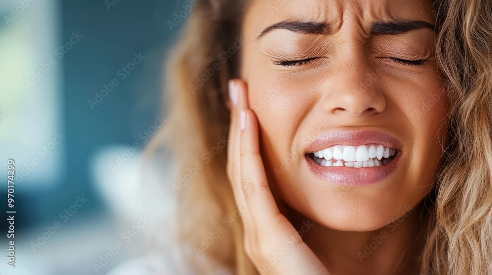 A woman with wavy hair grimaces in pain while holding her jaw, illustrating discomfort and toothache, highlighting the need for dental care and empathy in a personal setting. A woman with wavy hair grimaces in pain while holding her jaw, illustrating discomfort and toothache, highlighting the need for dental care and empathy in a personal setting.