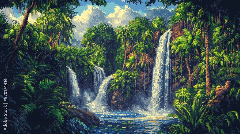 Fototapeta premium Lush Jungle Waterfall Landscape with Pixelated Art Style