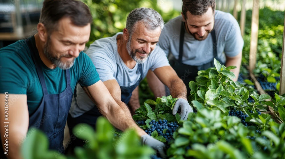 Three men joyfully harvest ripe blueberries inside a lush greenhouse, all working together with focused attention and showcasing teamwork amidst the green foliage. Three men joyfully harvest ripe blueberries inside a lush greenhouse, all working together with focused attention and showcasing teamwork amidst the green foliage.