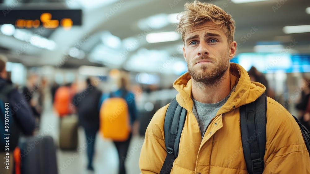 A man wearing a yellow jacket and backpack stands in an airport terminal, looking thoughtful while people walk by in the blurred background, suggesting travel and contemplation. A man wearing a yellow jacket and backpack stands in an airport terminal, looking thoughtful while people walk by in the blurred background, suggesting travel and contemplation.
