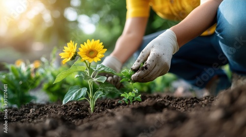 A gardener is planting a sunflower in the garden, wearing gloves for protection, surrounded by rich soil and vibrant greenery on a sunny day, symbolizing growth and nature.