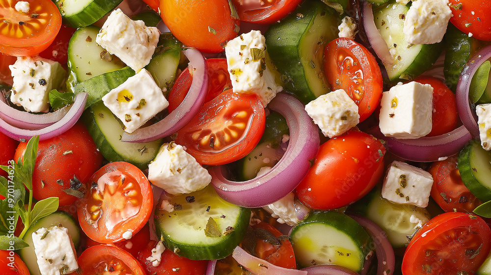 a close-up, top-down view of greek salad, filling the entire frame with the focus on the vibrant vegetables a close-up, top-down view of greek salad, filling the entire frame with the focus on the vibrant vegetables