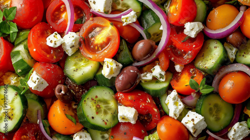 a close-up, top-down view of greek salad, filling the entire frame with the focus on the vibrant vegetables