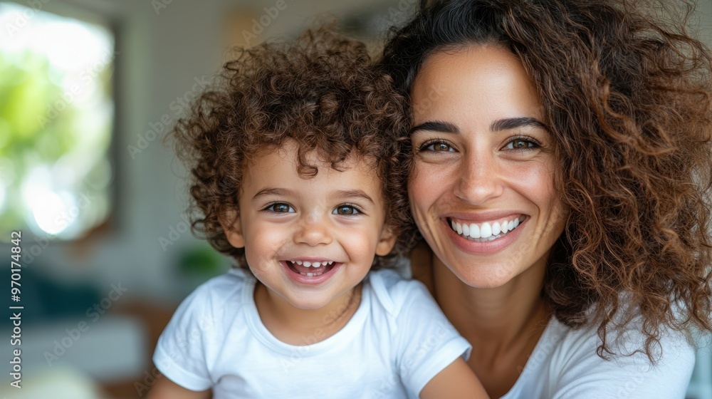 An indoors photograph capturing a joyful mother and her curly-haired smiling child, both looking happily towards the camera, conveying warmth and comfort in their expressions. An indoors photograph capturing a joyful mother and her curly-haired smiling child, both looking happily towards the camera, conveying warmth and comfort in their expressions.