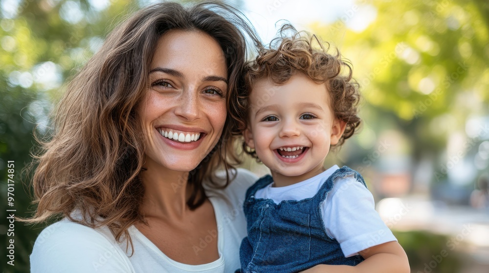 A cheerful mother with her smiling curly-haired child, capturing a joyful moment in what appears to be a bright and sunny outdoor setting with greenery in the background. A cheerful mother with her smiling curly-haired child, capturing a joyful moment in what appears to be a bright and sunny outdoor setting with greenery in the background.