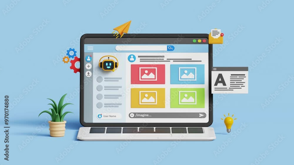 Generative AI. Artificial intelligence content generator. AI evolution. Prompt engineering. 3D AI chatbot generate images on a laptop. 4K 3D animation. Trim first 3 sec for loop