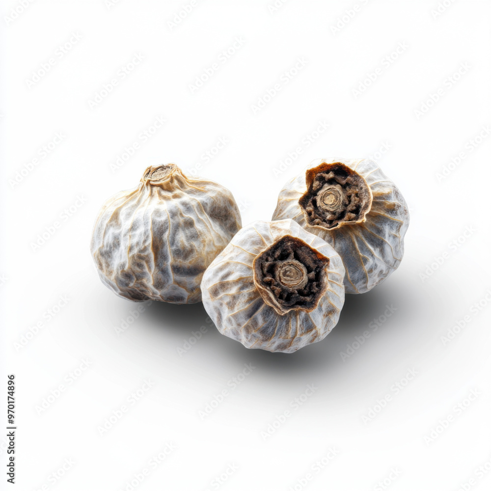 Three dried black garlic bulbs with wrinkled skins placed on a clean white background, emphasizing their unique texture and form. Three dried black garlic bulbs with wrinkled skins placed on a clean white background, emphasizing their unique texture and form.