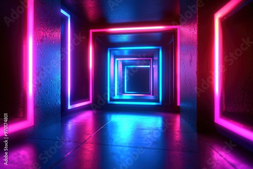 Neon Lights Illuminating a Dark Room with Glowing Frames