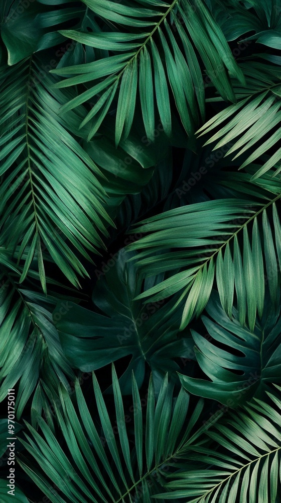 Lush tropical palm fronds create a dense, verdant canopy. The overlapping leaves form a mesmerizing pattern of deep greens, evoking a sense of exotic jungle mystery. Lush tropical palm fronds create a dense, verdant canopy. The overlapping leaves form a mesmerizing pattern of deep greens, evoking a sense of exotic jungle mystery.