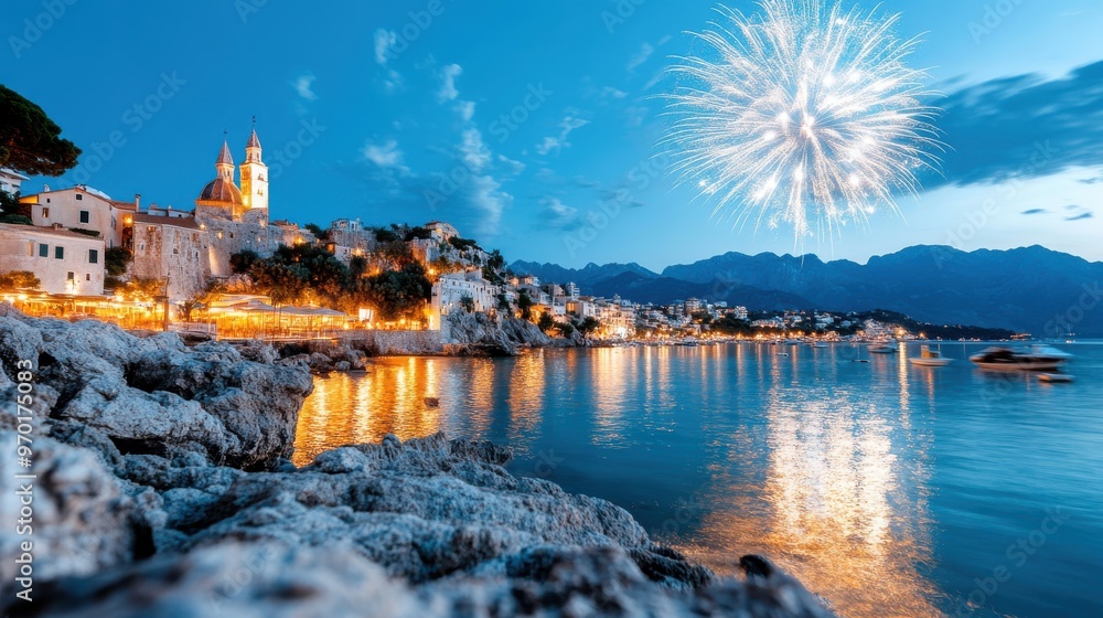 A scenic coastal town with historic architecture is beautifully illuminated by fireworks lighting up the night sky, reflecting over the tranquil sea, creating a festive ambiance. A scenic coastal town with historic architecture is beautifully illuminated by fireworks lighting up the night sky, reflecting over the tranquil sea, creating a festive ambiance.