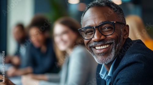 Charismatic mature African American businessman with a beaming smile in a professional setting, exuding confidence and positivity during a meeting.