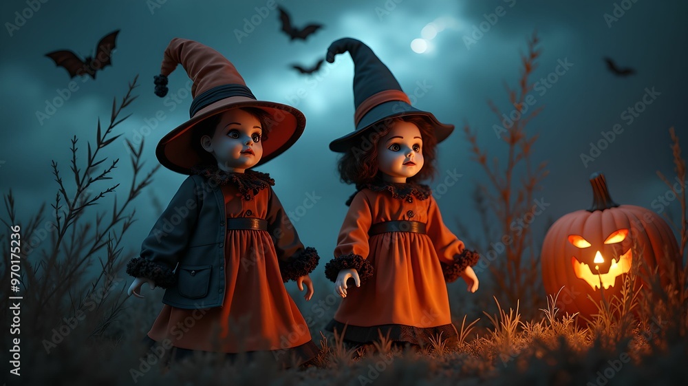 Fototapeta premium Halloween style dolls on background with bats, dark clouds, lightning