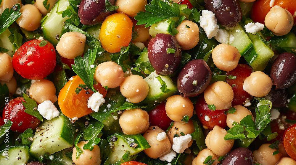 a close-up, top-down view of mediterranean chickpea salad, filling the entire frame with the focus on the protein-packed ingredients a close-up, top-down view of mediterranean chickpea salad, filling the entire frame with the focus on the protein-packed ingredients