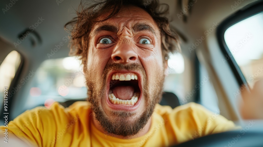 A man in a yellow shirt inside a car expresses extreme anger and frustration by screaming, with his face contorted—showcasing raw human emotions and rage. A man in a yellow shirt inside a car expresses extreme anger and frustration by screaming, with his face contorted—showcasing raw human emotions and rage.