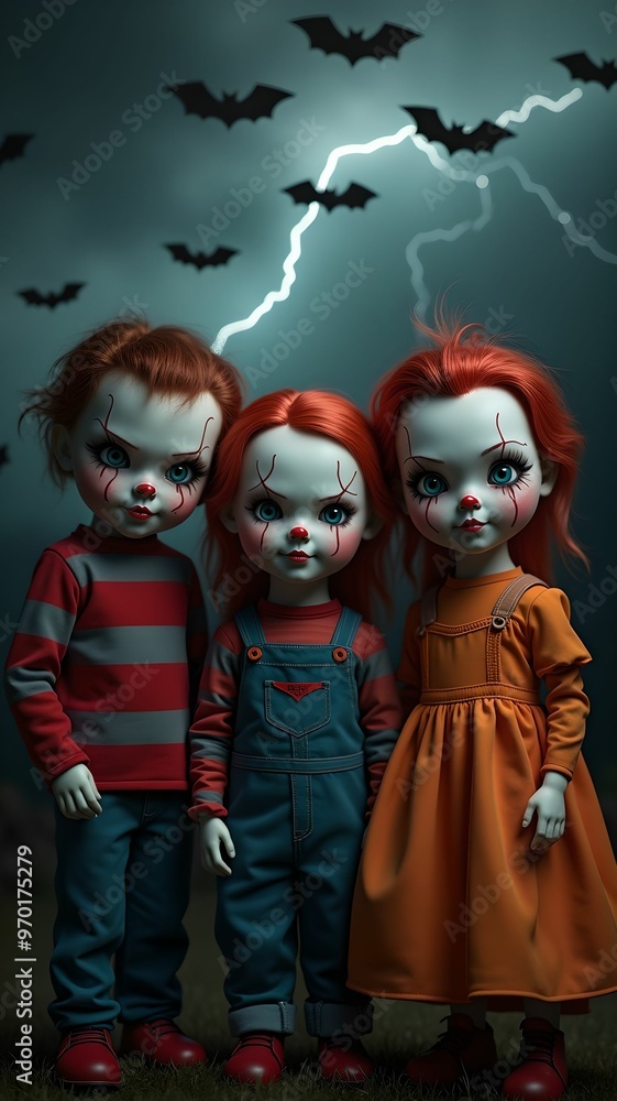Halloween style dolls on background with bats, dark clouds, lightning Halloween style dolls on background with bats, dark clouds, lightning