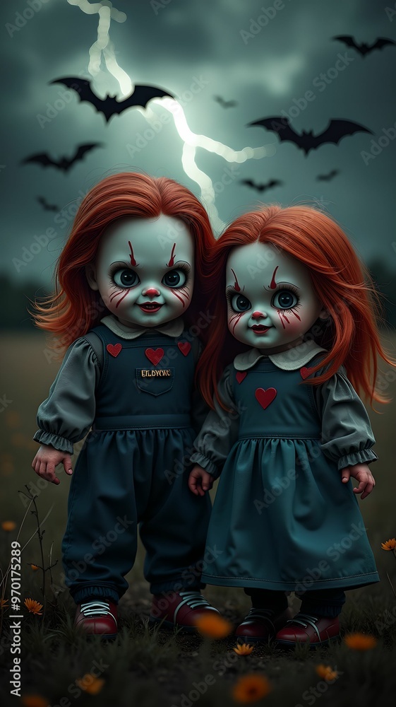 Halloween style dolls on background with bats, dark clouds, lightning Halloween style dolls on background with bats, dark clouds, lightning