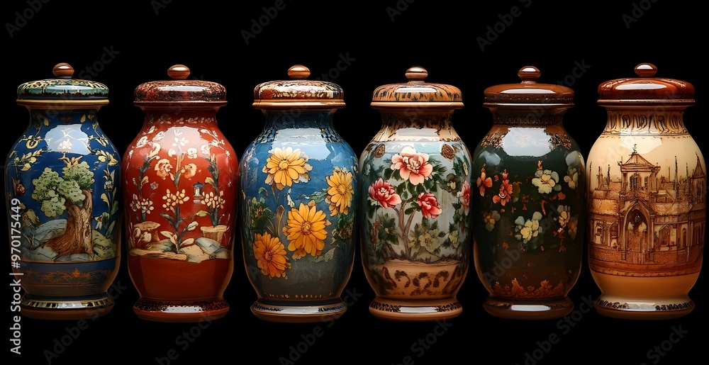 A collection of ornate decorative jars arranged in a line, each adorned with vibrant floral and nature-inspired patterns, showcasing a blend of traditional craftsmanship and artistic detail. A collection of ornate decorative jars arranged in a line, each adorned with vibrant floral and nature-inspired patterns, showcasing a blend of traditional craftsmanship and artistic detail.