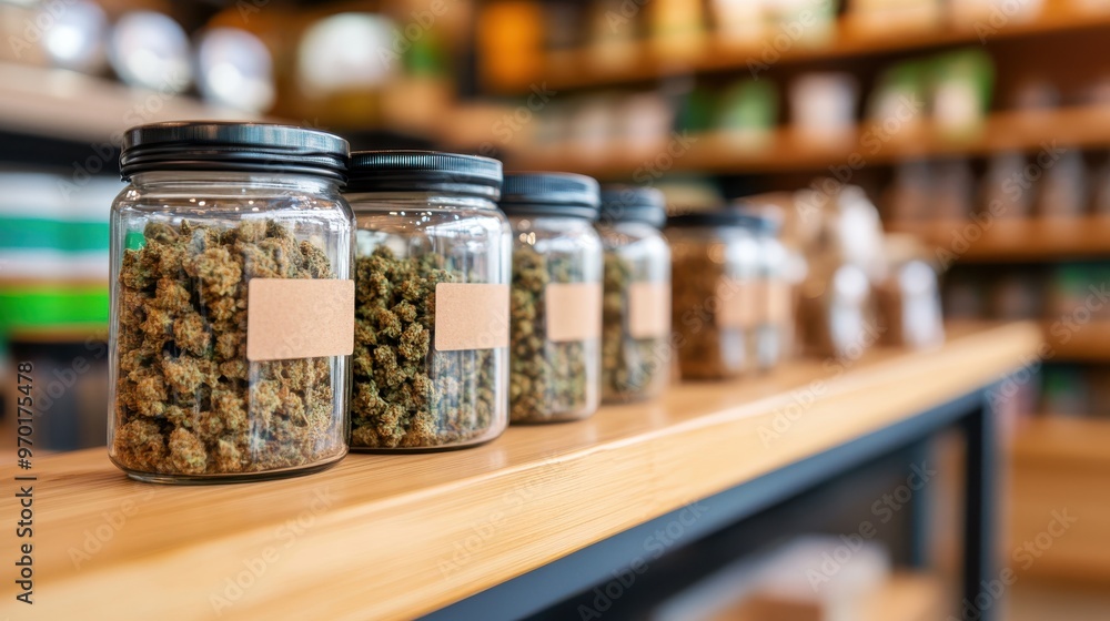 Five glass jars filled with cannabis are neatly arranged on a wooden shelf in a dispensary. The image highlights the organization and availability of cannabis products. Five glass jars filled with cannabis are neatly arranged on a wooden shelf in a dispensary. The image highlights the organization and availability of cannabis products.